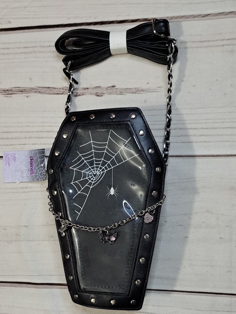 Black Coffin Crossbody Bag with Spiderweb Detail